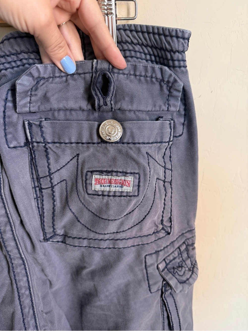 True Religion Y2K Vintage Men's Cargo Pants Slate Blue Flap Pocket 34 Wide Leg - Picture 6 of 14